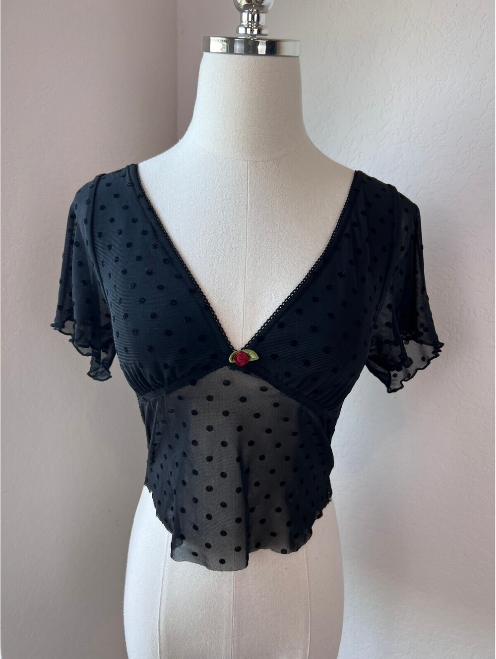 Motel Black Mesh Rose Polka Dot Romantic Goth Crop Top size Small